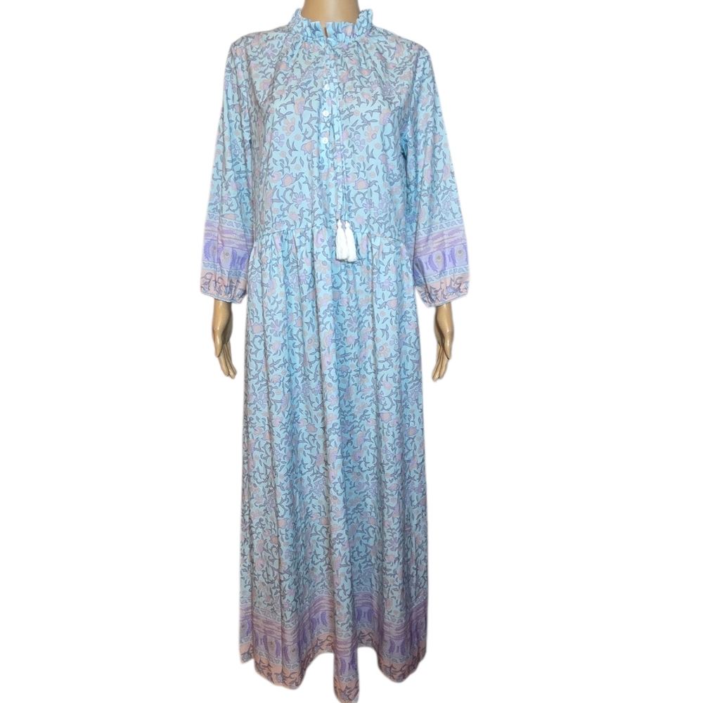 Indian Dress Vintage Floral Cotton Maxi Blue Womens Size Medium